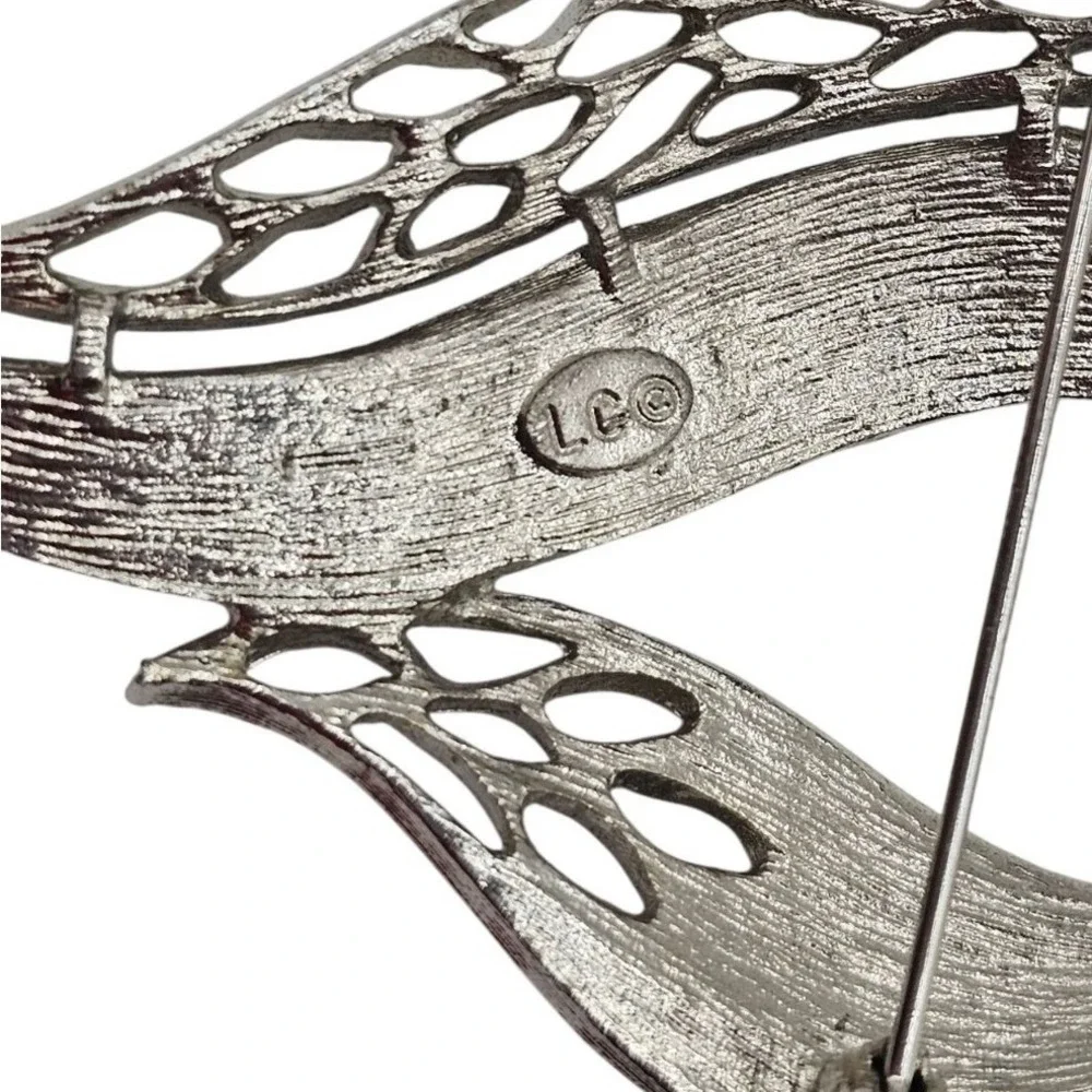 Abstract Ribbon Teardrop and Circle Brooch Silver Tone Openwork Sculptural 2pc